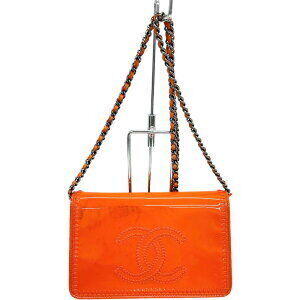 CHANEL Coco Mark Chain Shoulder Bag GG Card Seal Patent Leather Orange
